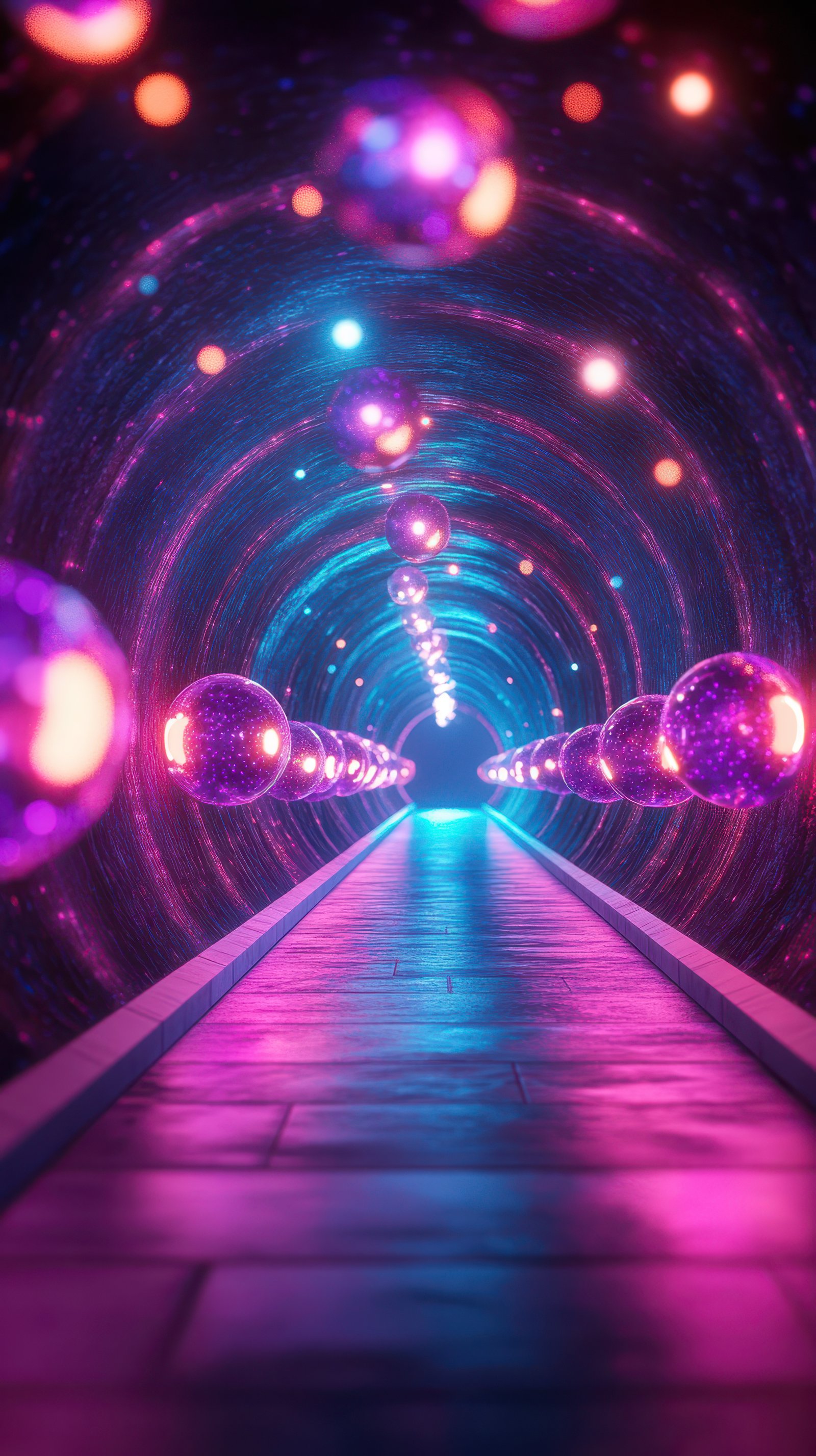 Vibrant tunnel with glowing spheres showcasing abstract digital art at night